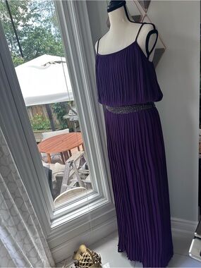 PARKER Purple Pleated Maxi Dress Beaded Spaghetti Straps Wedding Guest Sz Small